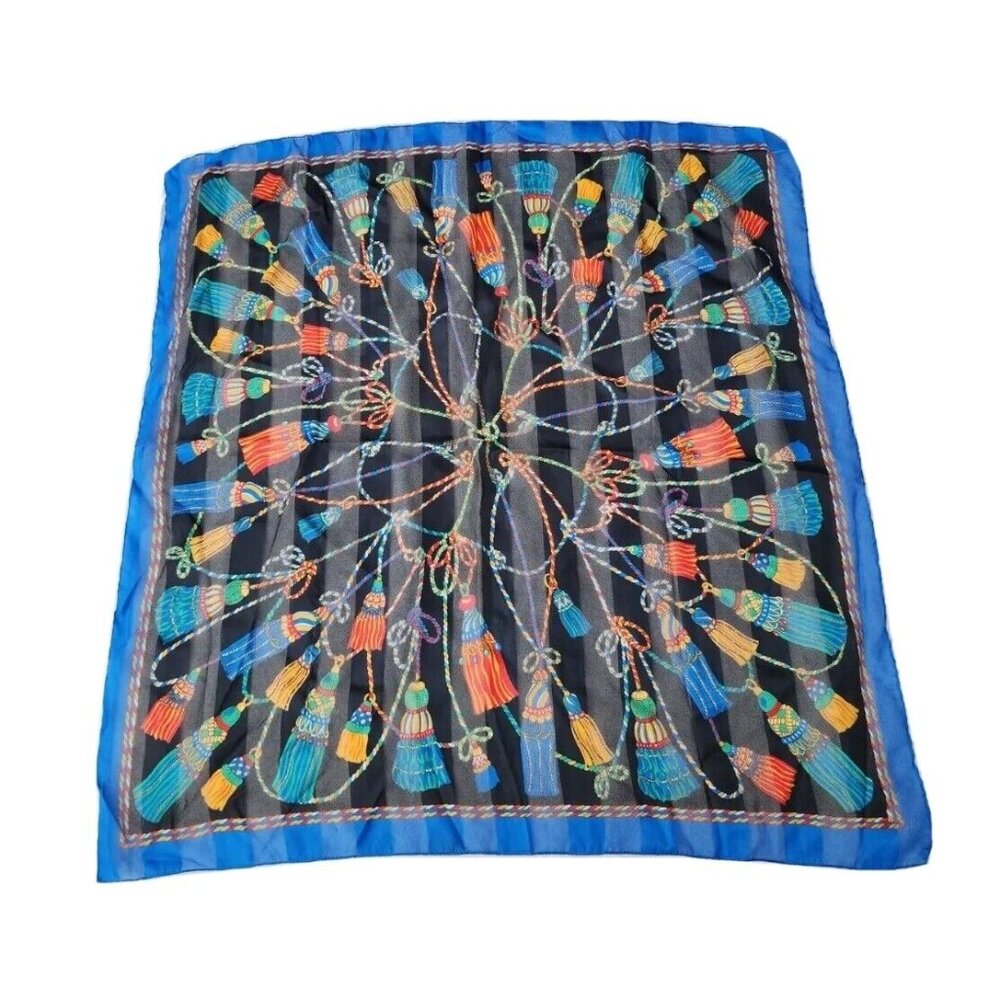 VTG Challis BERKSHIRE Blue Coral Tassel Print Square Neck Scarf Made Italy 30”